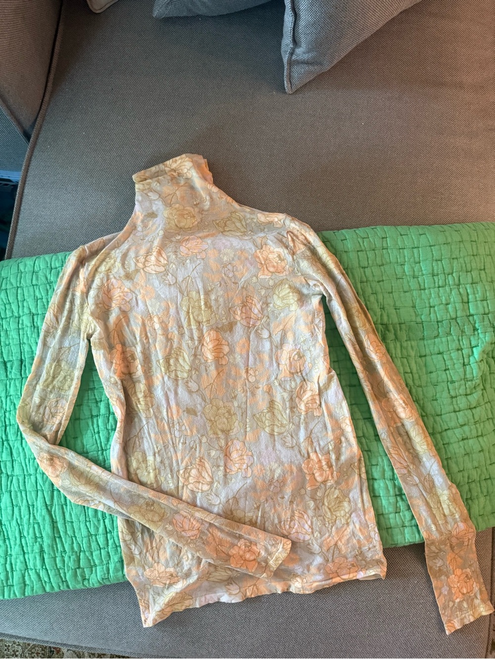 Acne Floral Long-Sleeve Turtleneck in Peach and Light Green